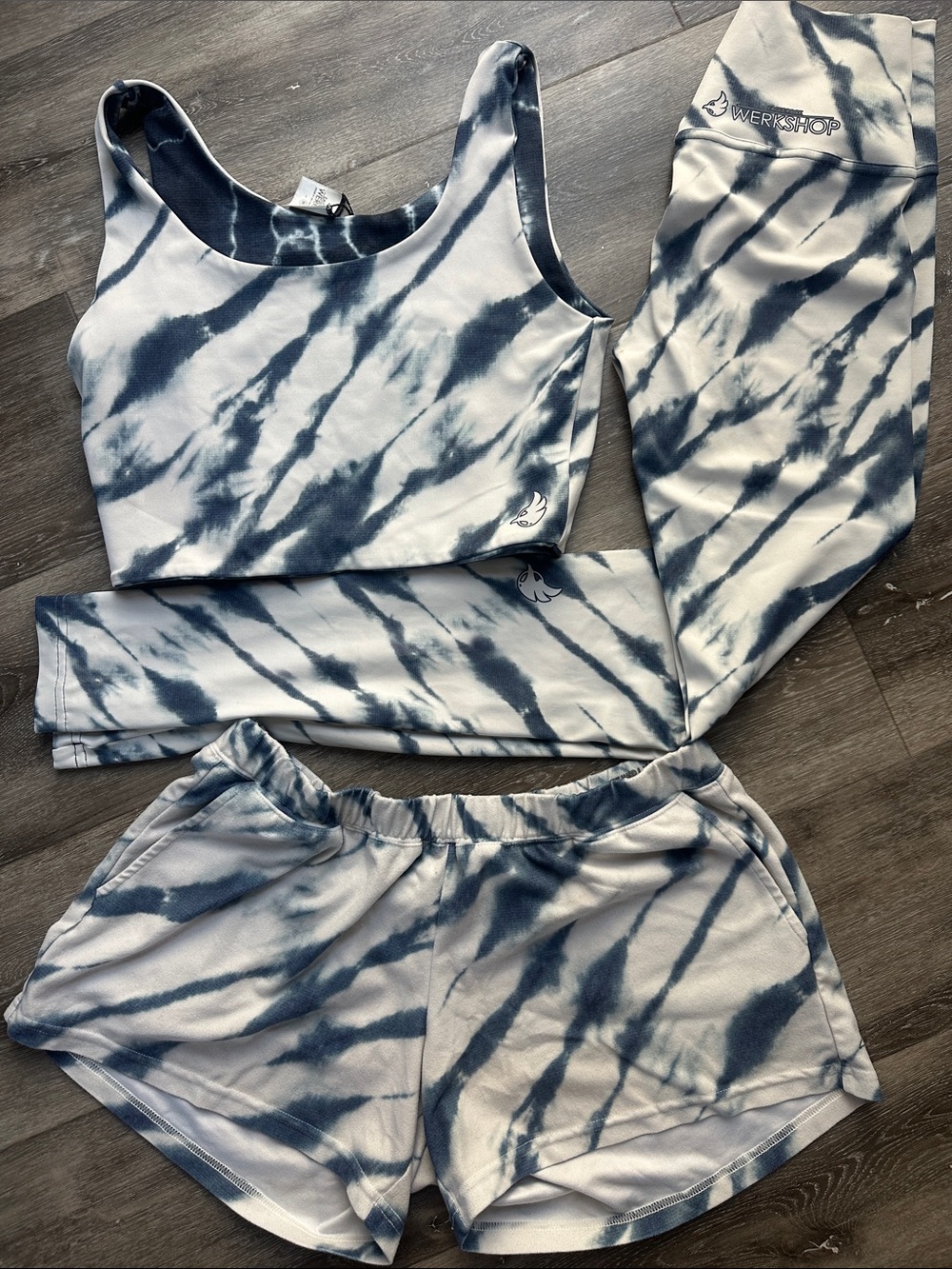 Werkshop Workout Set - Tie Dye Blue & White Crop Top, Leggings & Shorts